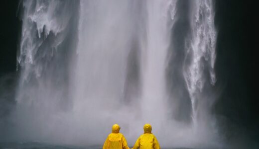 couple, holding hands, people, raincoat, selective color, water, waterfalls, yellow, nature, happyvalentine's