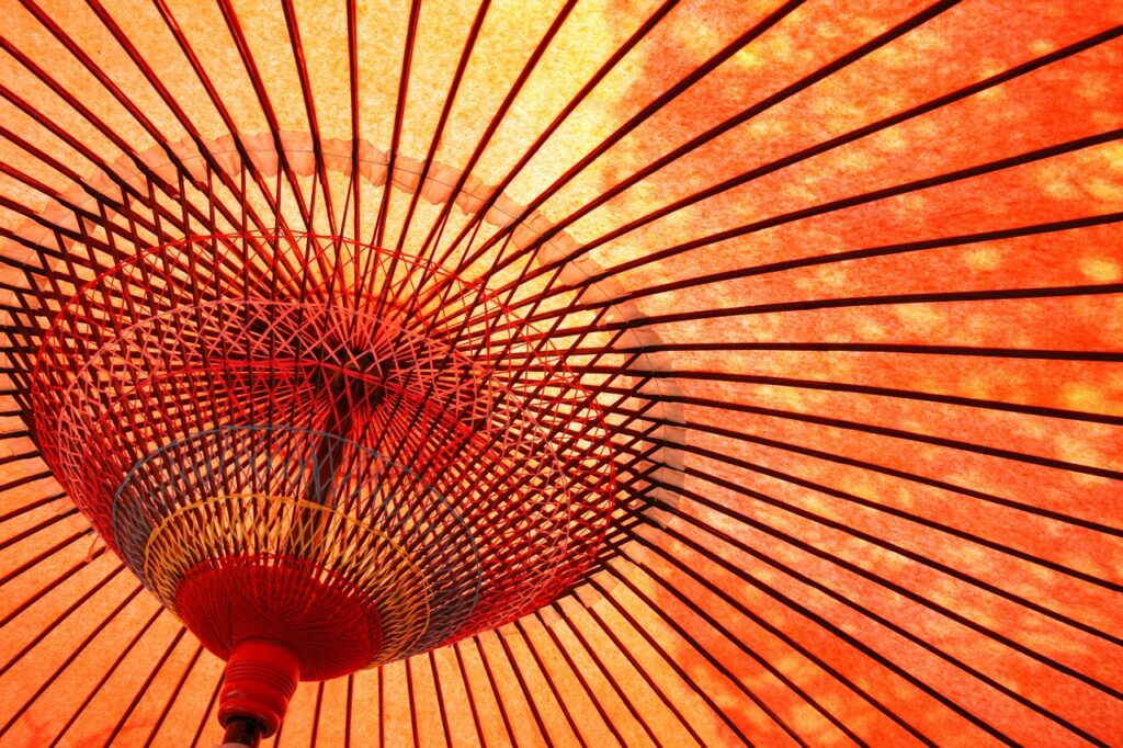 umbrella, oilpaper, kyoto, japan, coarse, paper, bamboo, red, zen, japanese, asia, fabric, decorative, tradition, pattern, nature, design, crane, conventional, fan, garden, origami, geisha, orange umbrella