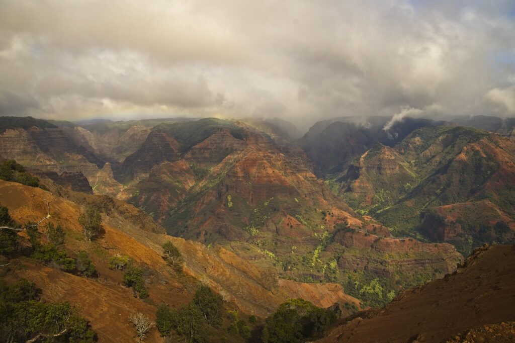 canyon, erosion, volcanic, red, soil, gulch, scenic, kauai, hawaii, clouds, nature, gulch, kauai, kauai, kauai, kauai, kauai
