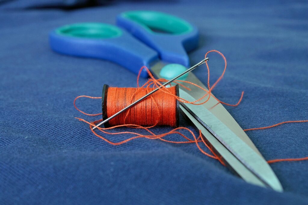 seam, line, scissors, needle, fabric, cloth