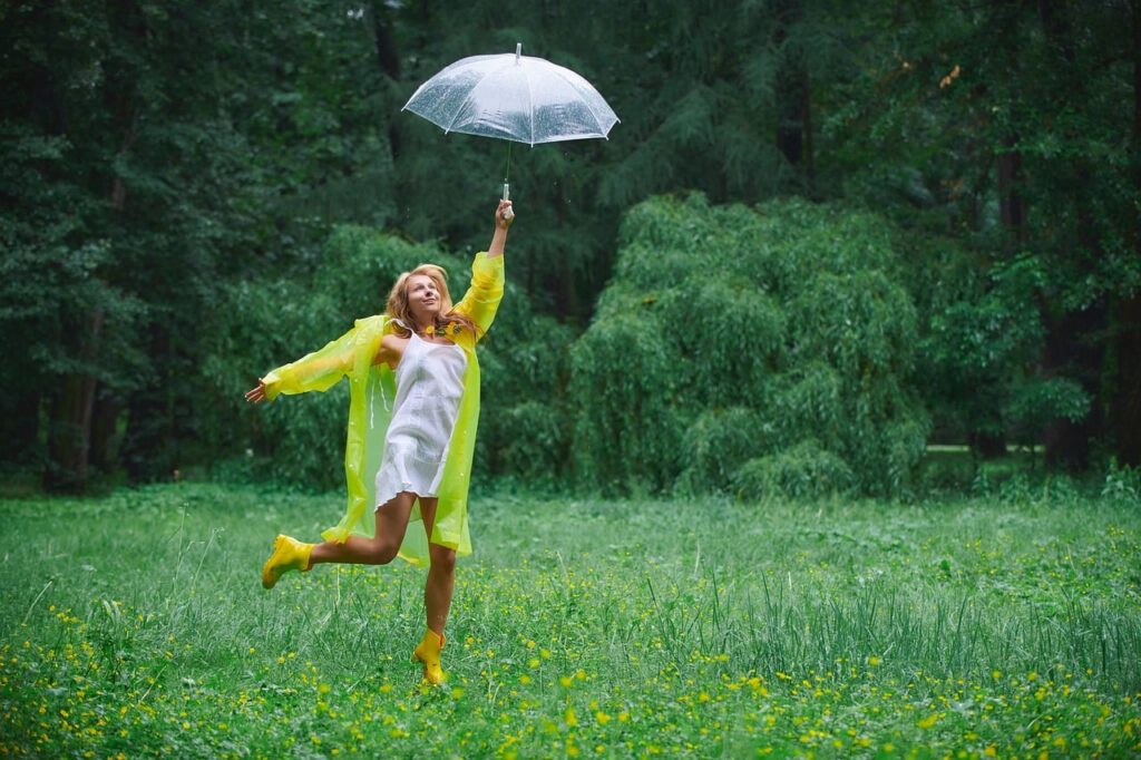 woman, park, nature, stroll, summer, umbrella, forest, glade, raincoat, yellow, yellow boots, yellow raincoat, jump
