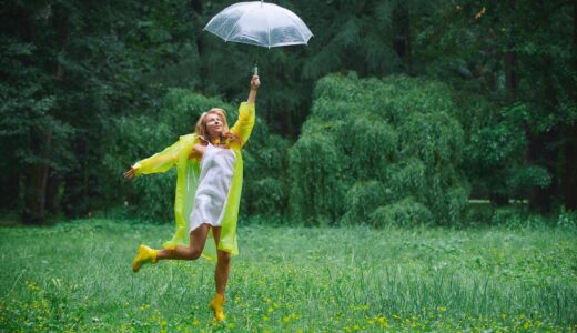 woman, park, nature, stroll, summer, umbrella, forest, glade, raincoat, yellow, yellow boots, yellow raincoat, jump
