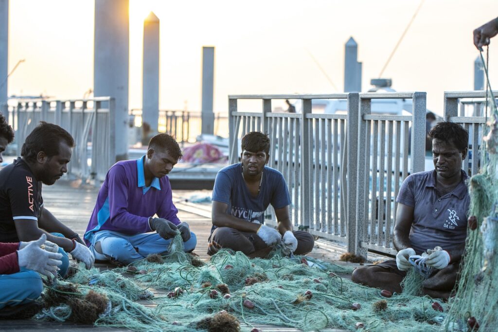 dawn, daybreak, morning, sky, port, nature, fishing, day, light, coastal, sea, qatar, doha, catch, net, sorting, fisherman, fish, people, marine, industry, nylon