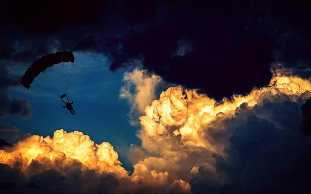 parachute, parachutist, paraglider, air sports, flying, sport, leisure, nature, sky, clouds, height, cloud formations