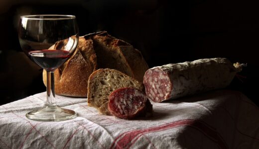 wine, pair, aperitif, drink, glass, table, alcohol, red wine, bread, sausage, rustic, salami