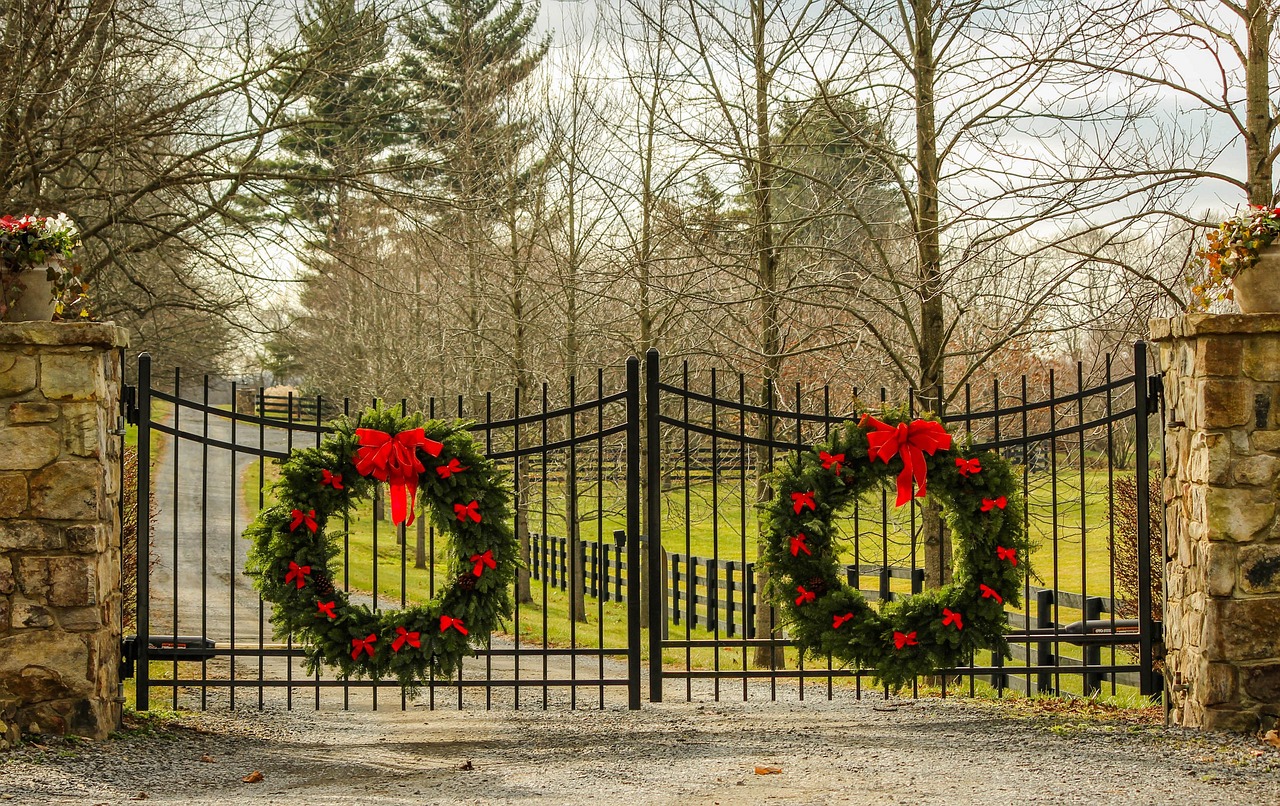 christmas wreath, holiday decorations, evergreen wreath, red bows, wrought iron gates, stone pillars, estate, entrance, driveway, winter, fence, christmas decorations, december, unpaved, gravel road, dirt road, brown road, brown stone, christmas wreath, christmas wreath, christmas wreath, christmas wreath, christmas wreath